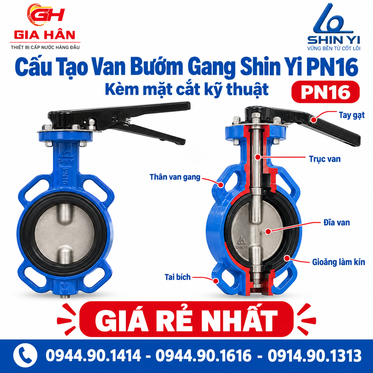 Sơ đồ cấu tạo van bướm gang Shinyi PN16 gồm thân gang cầu đĩa inox 304 và gioăng cao su EPDM