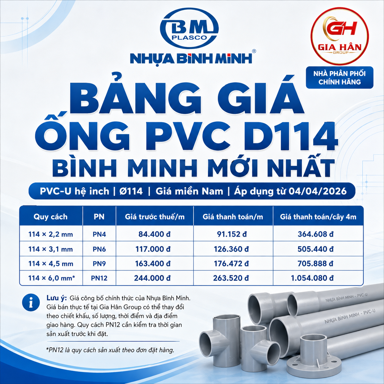 Bảng Giá Ống PVC D114 Bình Minh Mới Nhất