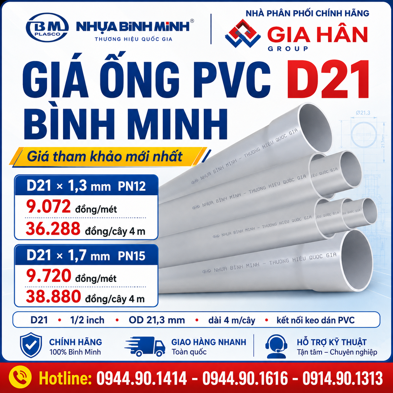 Bảng giá ống PVC D21 Bình Minh PN12 PN15