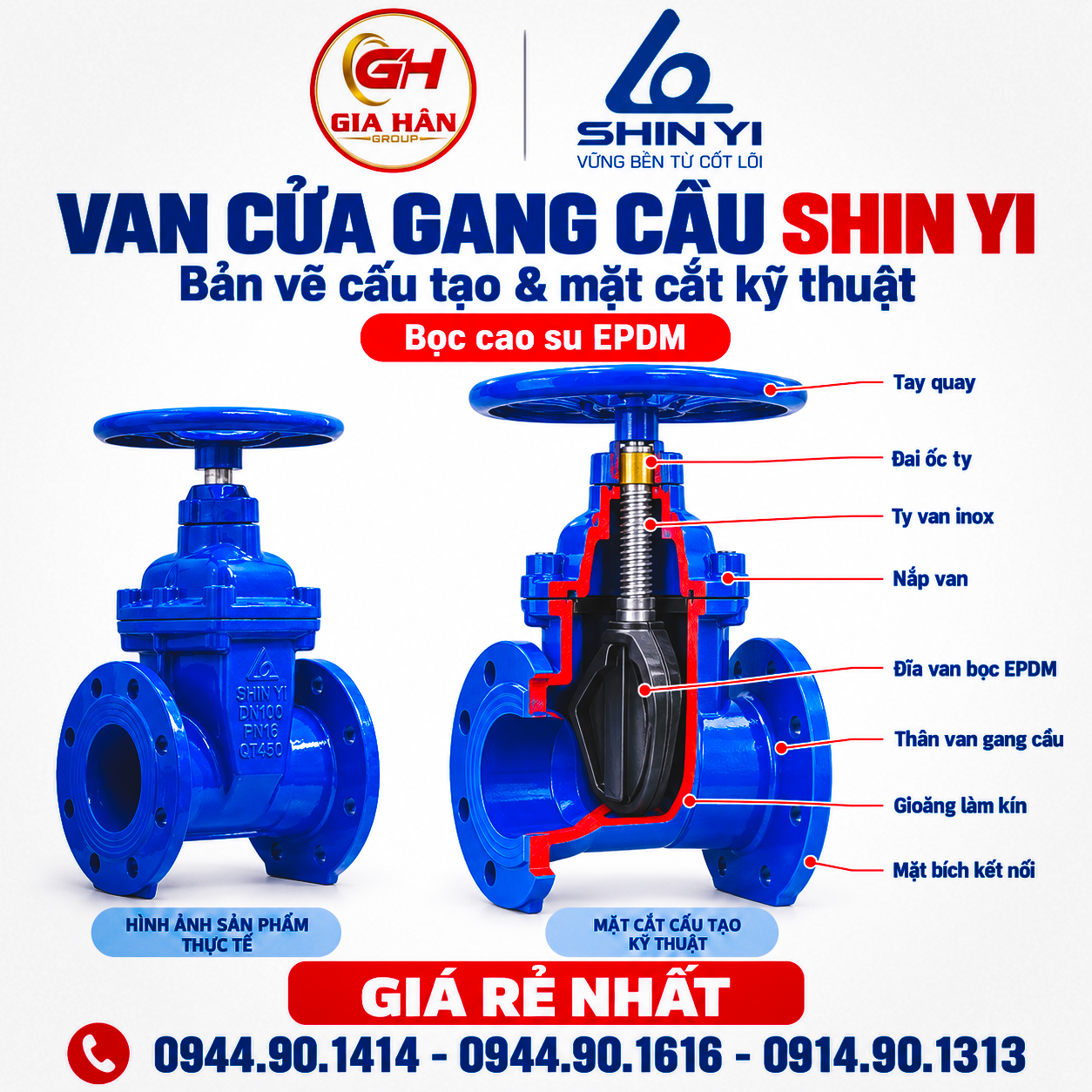 Bản vẽ cấu tạo và mặt cắt kỹ thuật van cửa gang cầu Shin Yi bọc cao su EPDM