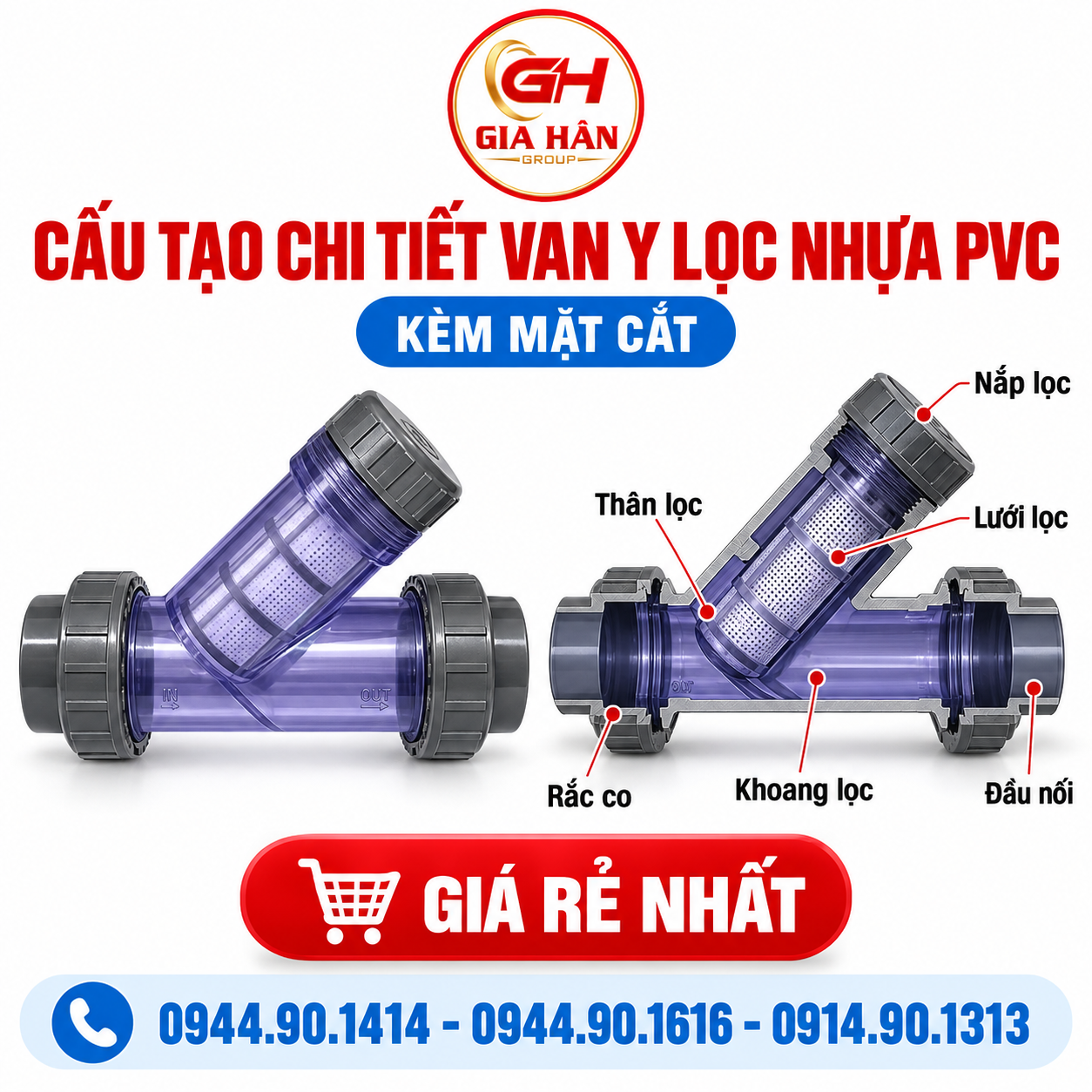 Cấu tạo các bộ phận của van Y lọc nhựa PVC gồm thân van, lưới lọc, nắp xả và gioăng EPDM