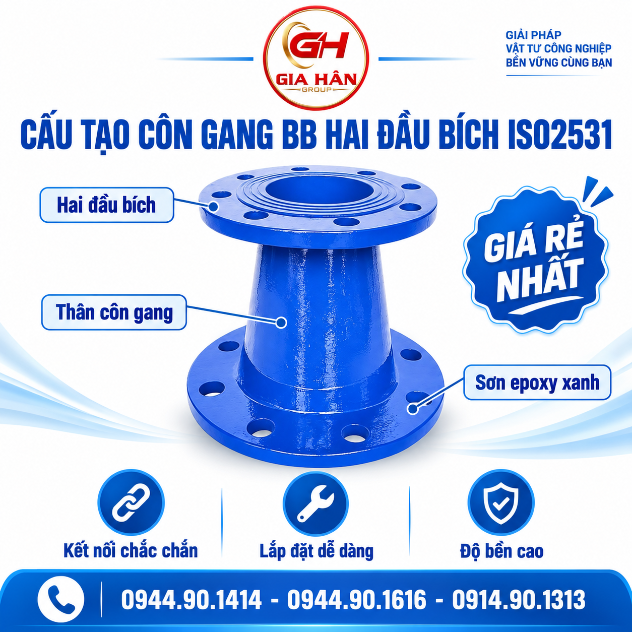 Bản vẽ cấu tạo và mặt cắt côn gang BB hai đầu bích tiêu chuẩn ISO 2531