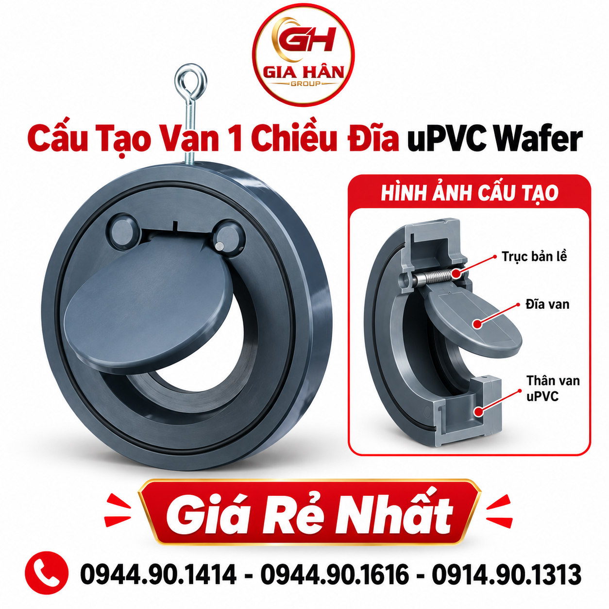 Cấu tạo chi tiết thân van và đĩa lật của van 1 chiều đĩa uPVC dạng kẹp bích