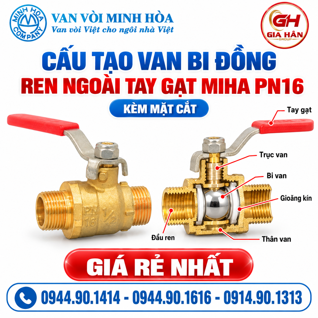 Cấu tạo chi tiết thân đồng và viên bi mạ crom của van bi ren ngoài tay gạt MIHA Minh Hòa