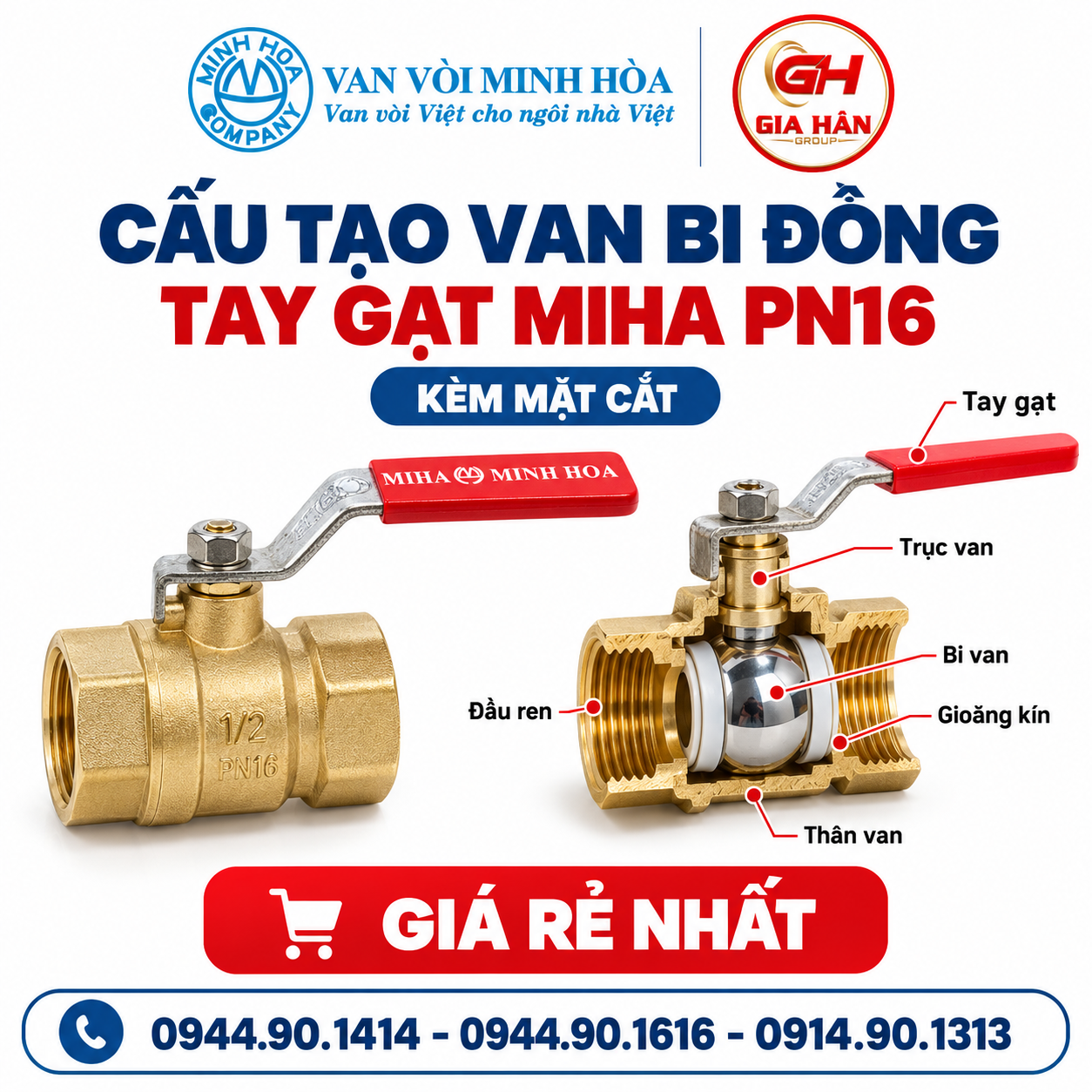 Cấu tạo chi tiết thân đồng và bi van teflon của van bi đồng tay gạt MIHA PN16