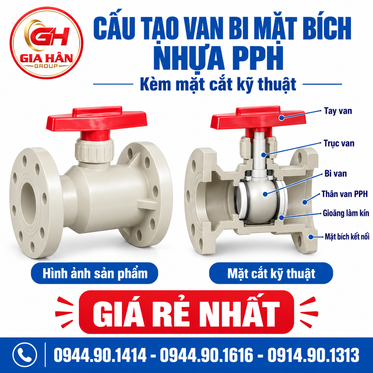 Cấu tạo bóc tách chi tiết van bi mặt bích nhựa PPH chịu hóa chất gồm thân PPH và đệm PTFE