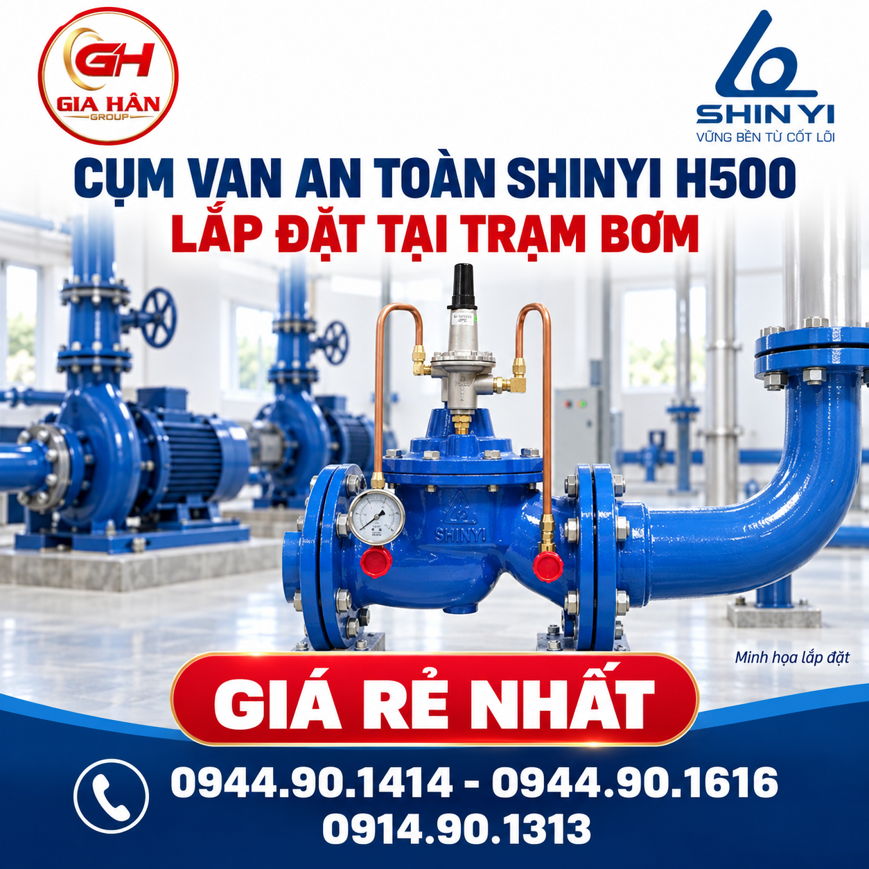Cụm van an toàn gang cầu ShinYi H500 hoàn thiện lắp đặt trên đường xả tràn trạm bơm PCCC