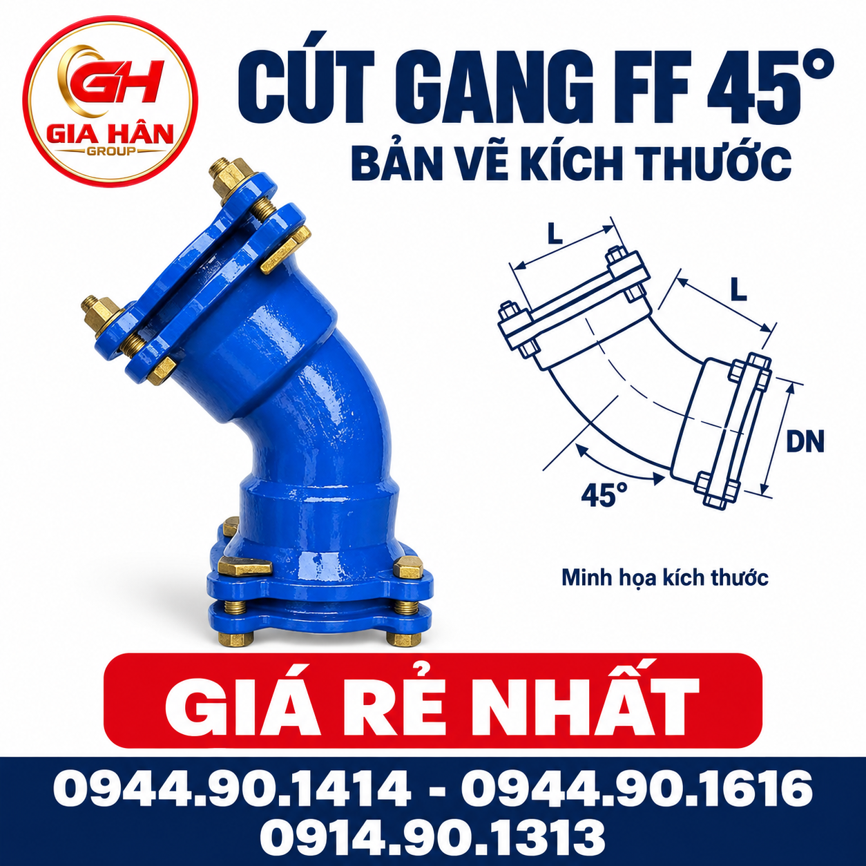 Bản vẽ cấu tạo kỹ thuật và thông số góc chuyển 45 độ của cút gang FF hai đầu bích tiêu chuẩn ISO 2531