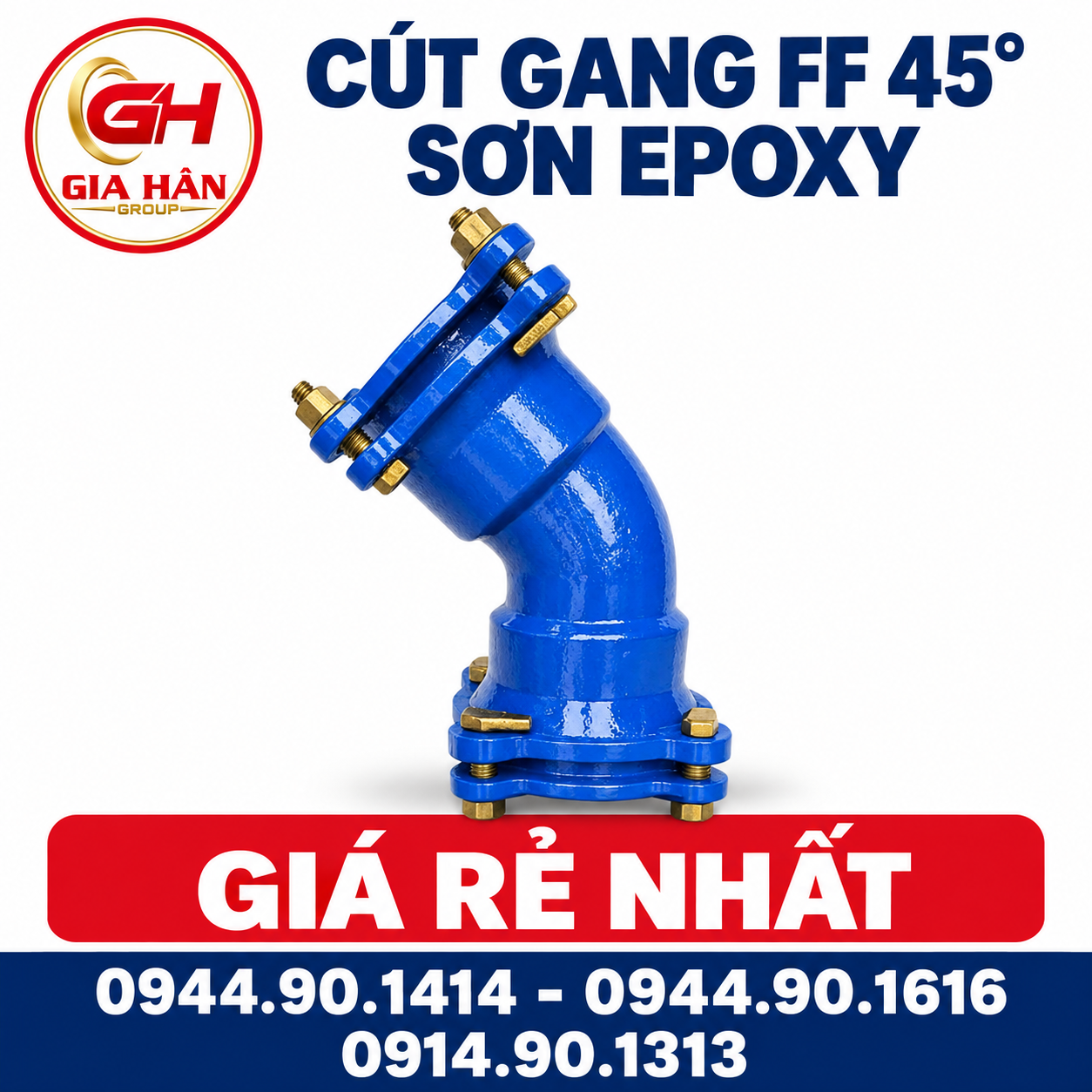 Sản phẩm cút gang FF 45 độ sơn phủ epoxy xanh hai đầu bích lưu kho phục vụ lắp đặt hạ tầng