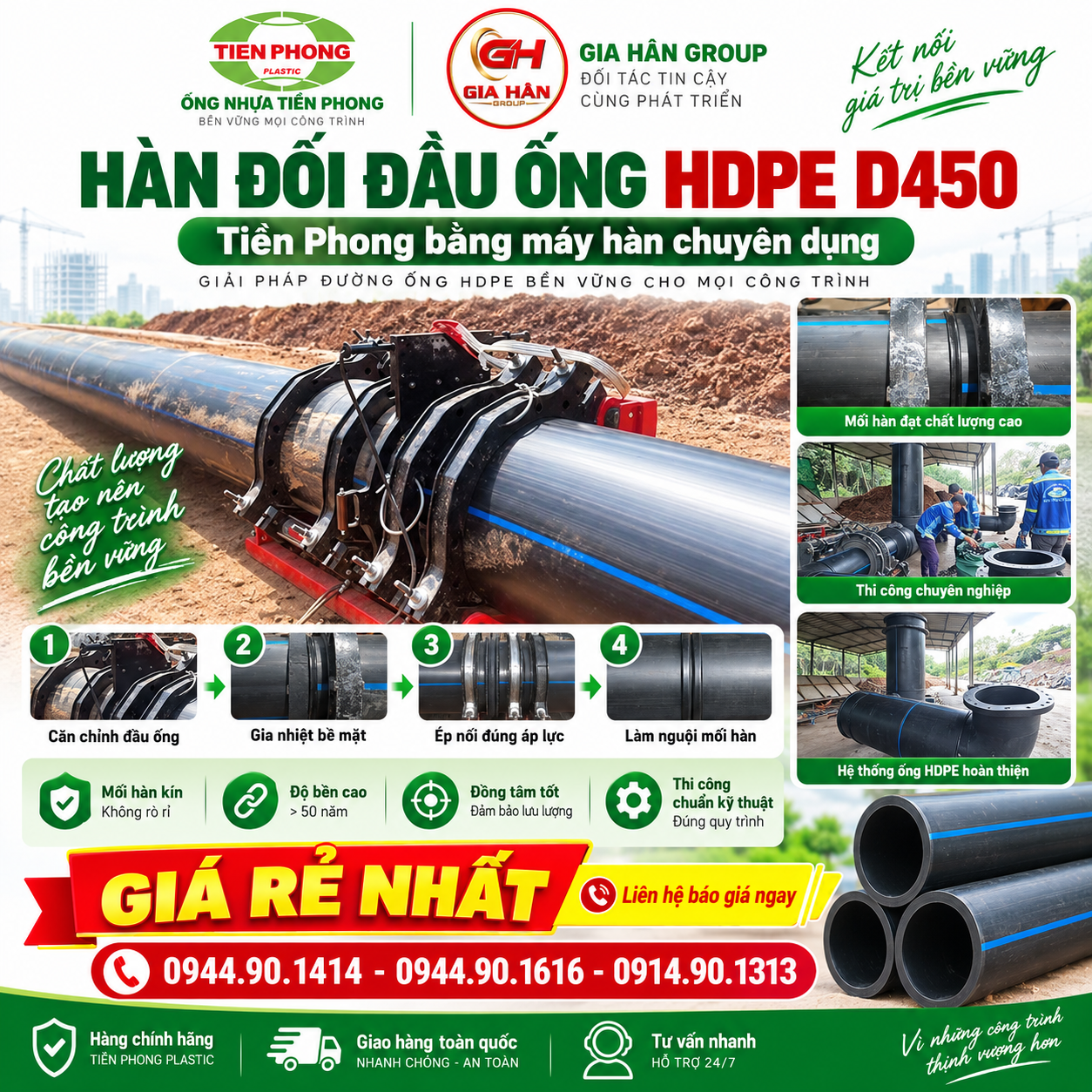 Hàn đối đầu ống HDPE D450 Tiền Phong bằng máy hàn chuyên dụng