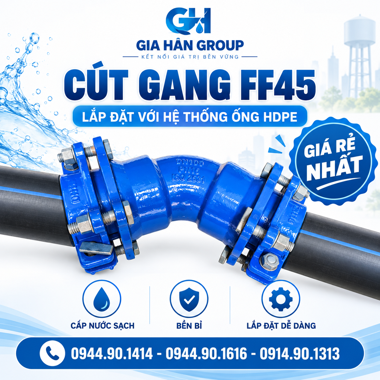 Hình ảnh lắp đặt cút gang ff 45 độ với ống hdpe