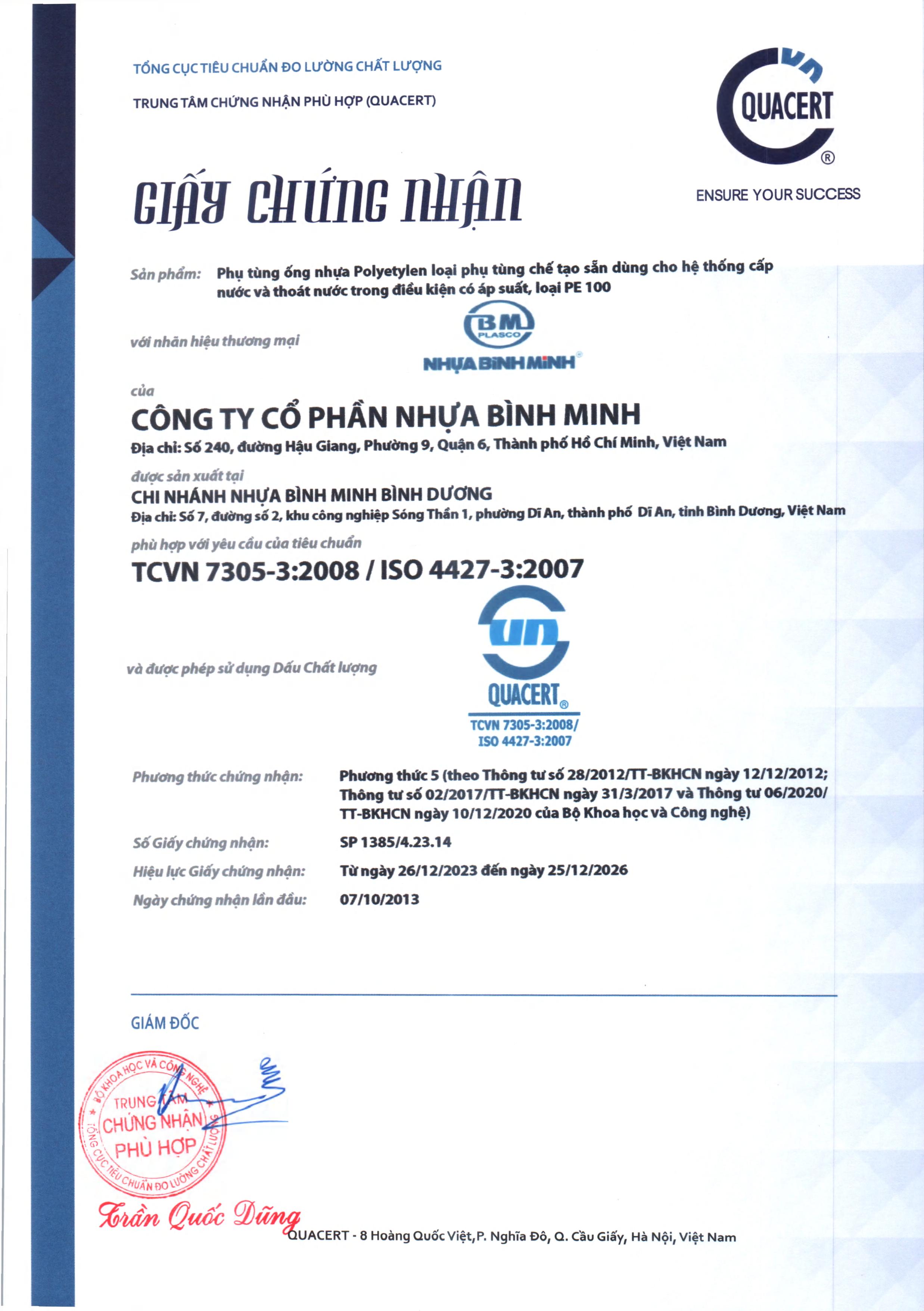 Hợp Chuẩn - Hợp Quy Phụ Kiện HDPE Bình Minh