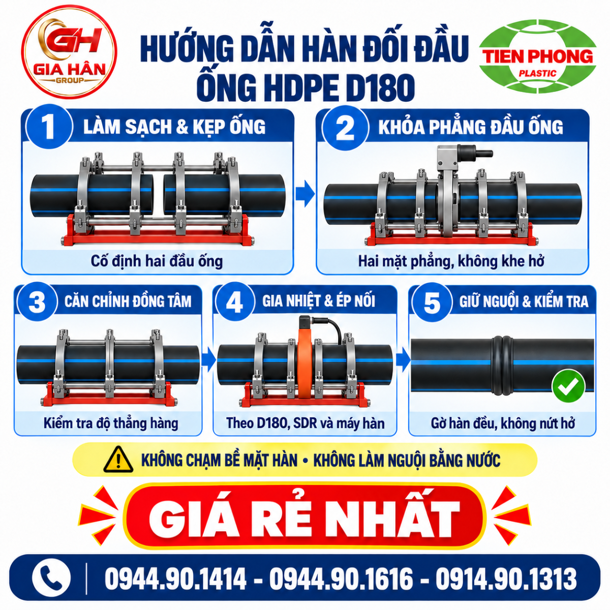 Hướng dẫn 5 bước hàn đối đầu ống HDPE D180 bằng máy hàn nhiệt, từ kẹp ống, khỏa phẳng đến kiểm tra mối hàn.