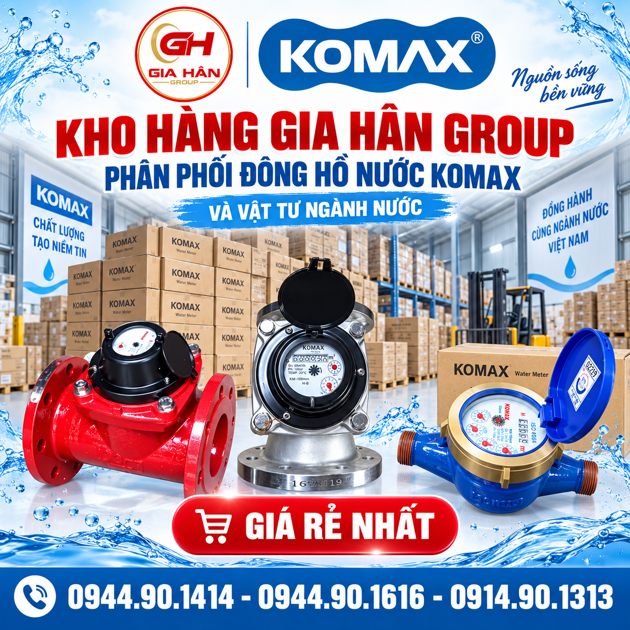 Kho hàng Gia Hân Group phân phối đồng hồ nước Komax và vật tư ngành nước