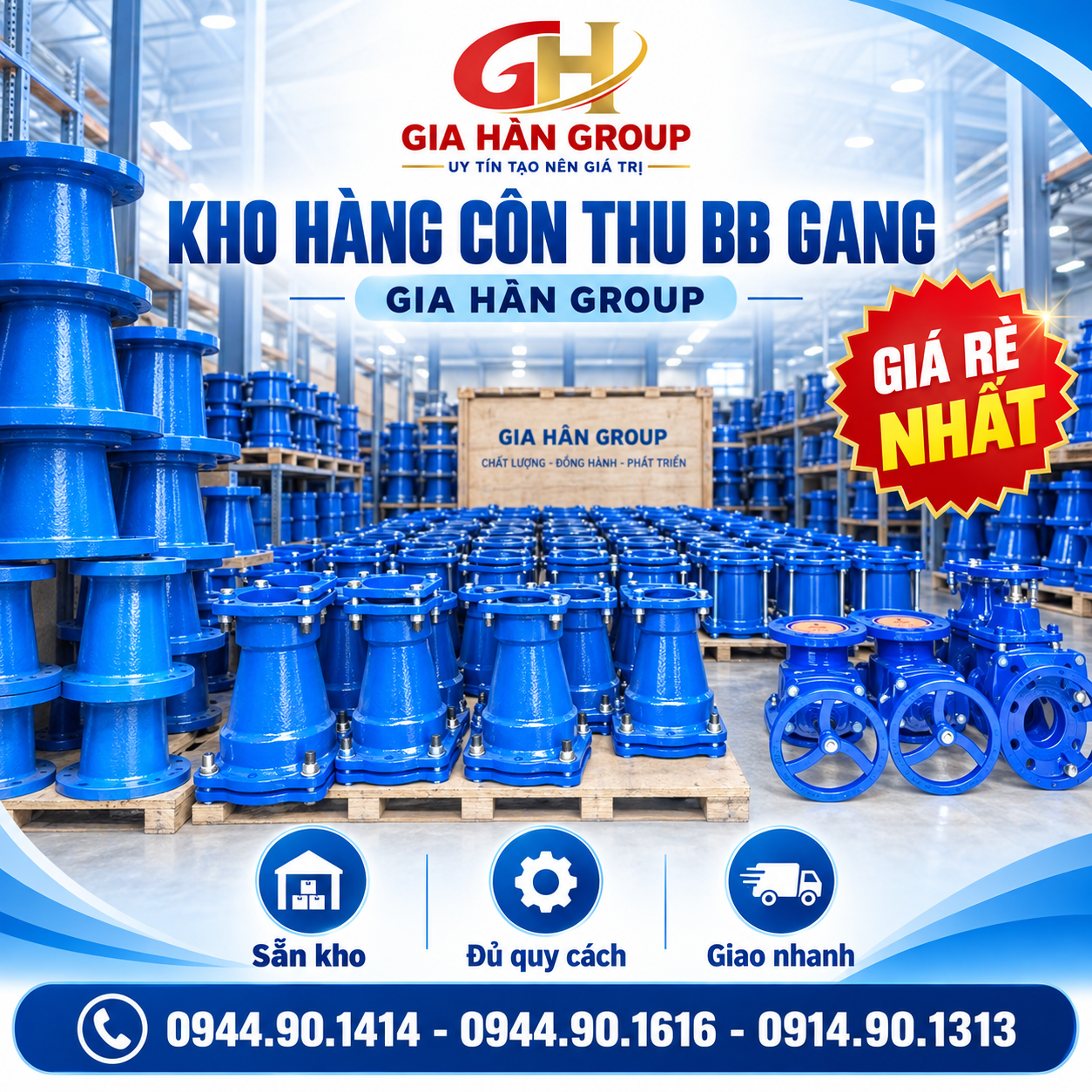 Tổng kho phụ kiện côn gang BB hai đầu bích sẵn hàng giao công trình