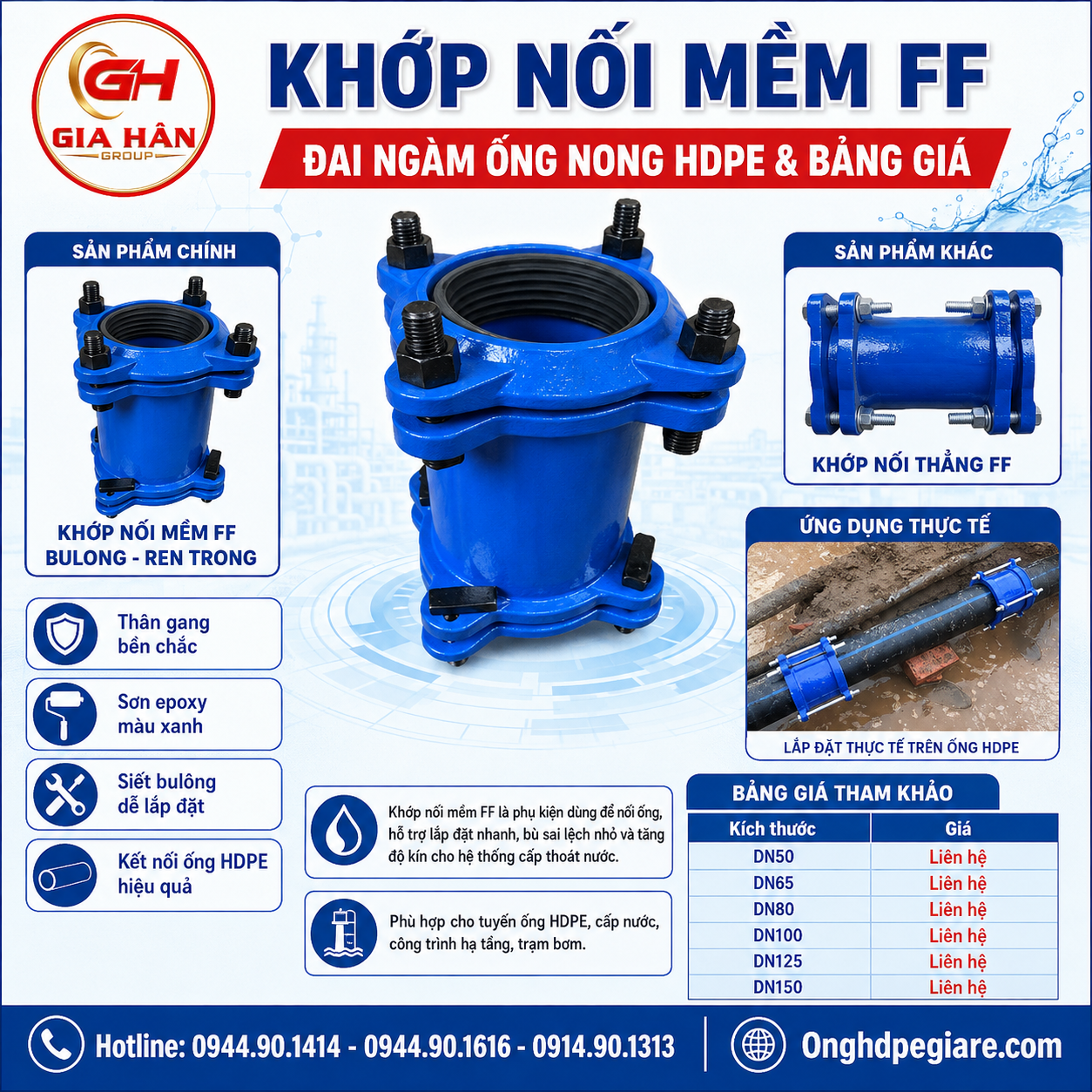 Khớp Nối Mềm FF - Đai Ngàm Ống Nong HDPE & Bảng Giá