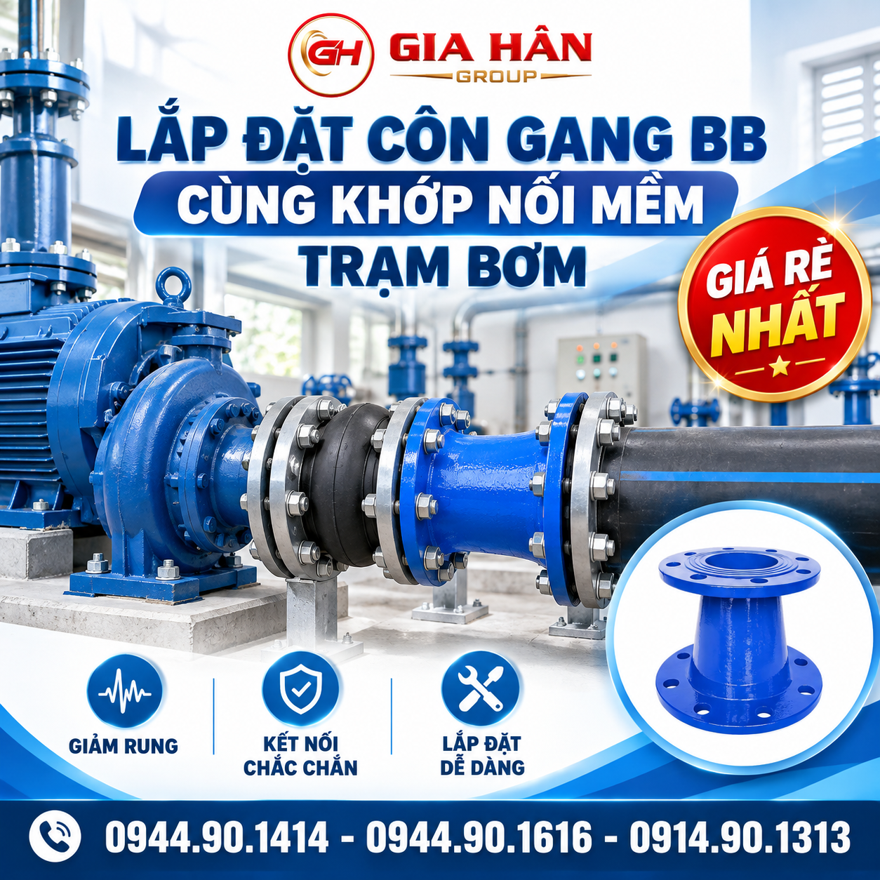 Ứng dụng côn gang BB hai đầu bích kết nối cùng khớp nối mềm và van công nghiệp