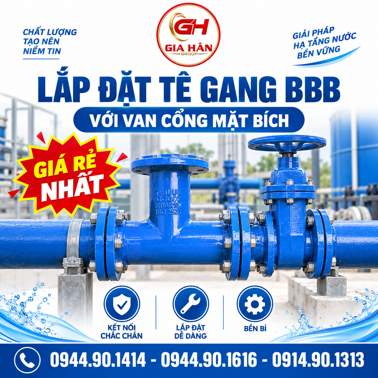 Mối nối thực tế giữa tê gang BBB và van cổng gang mặt bích trong hố van cấp nước