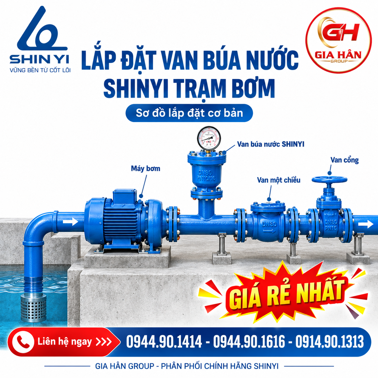 Thực tế lắp đặt cụm van búa nước Shinyi phối hợp van an toàn và van xả khí tại trạm bơm