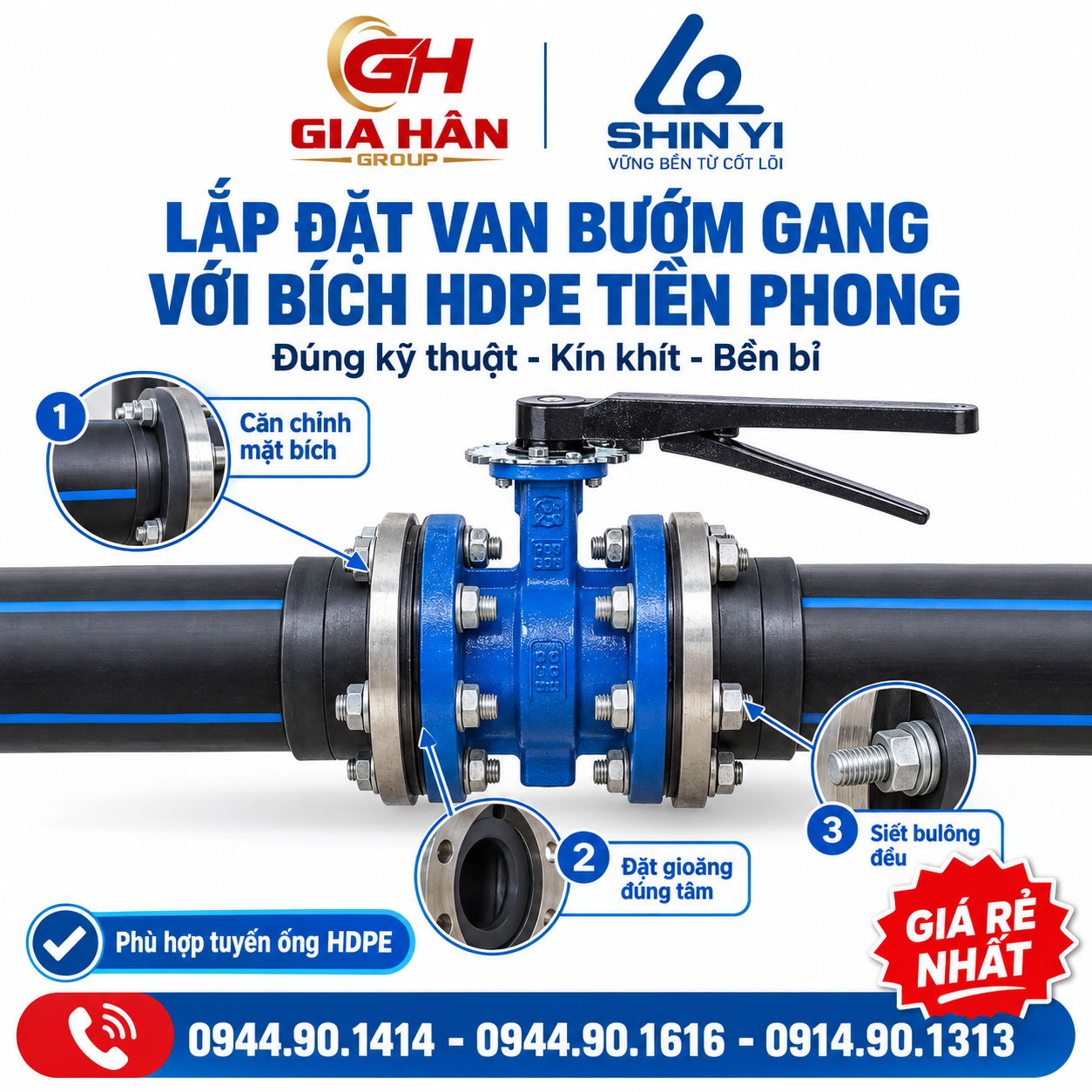 Lắp đặt van bướm gang kẹp bích kết hợp đầu bích HDPE Tiền Phong và khớp nối mềm
