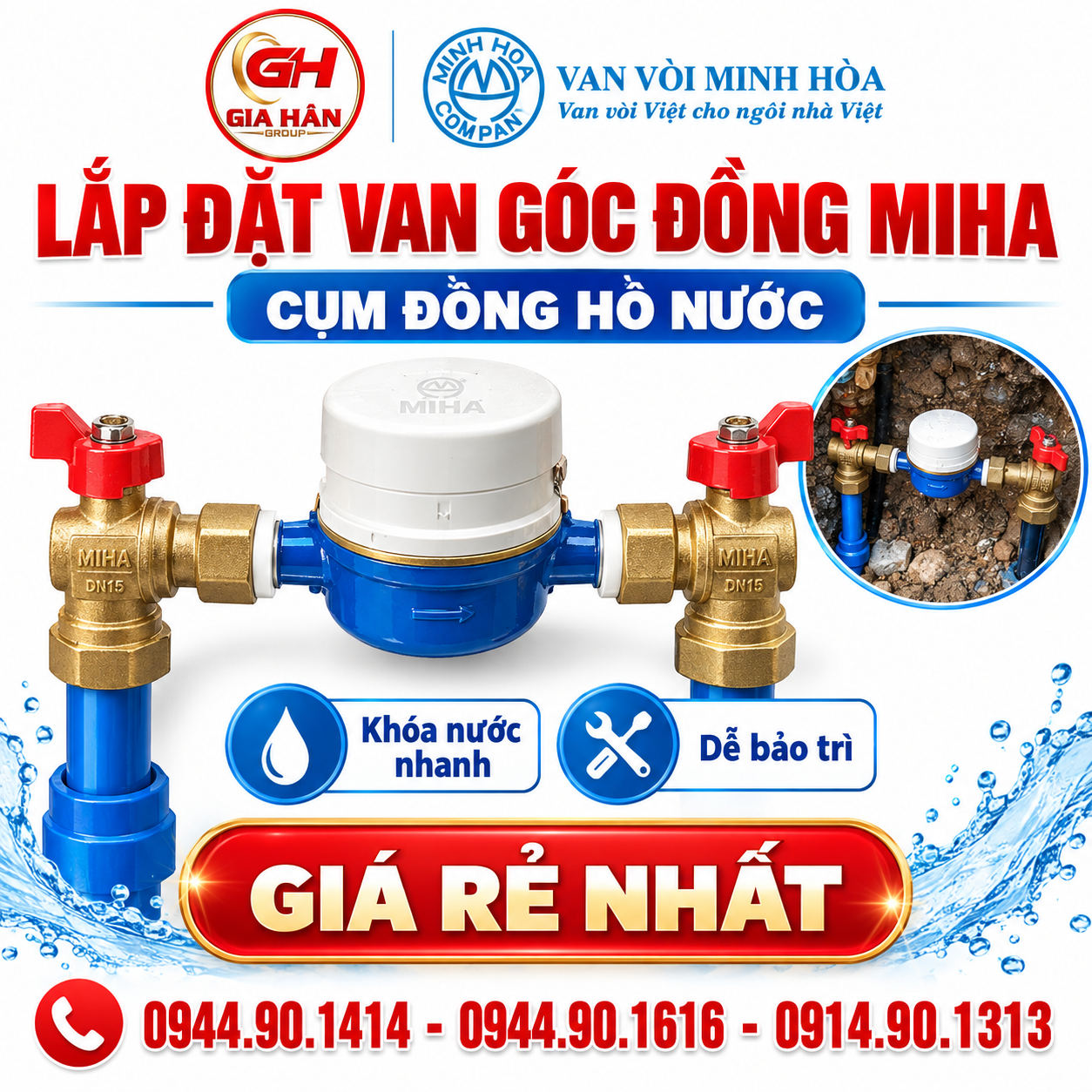 Thực tế lắp đặt van góc đồng liên hợp MIHA có van 1 chiều tay khóa vào cụm đồng hồ nước