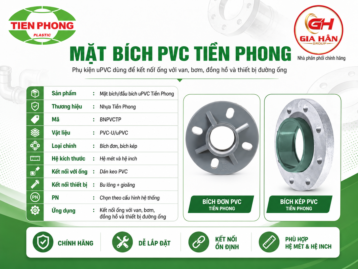 Mặt bích nhựa PVC Tiền Phong hệ mét và hệ inch