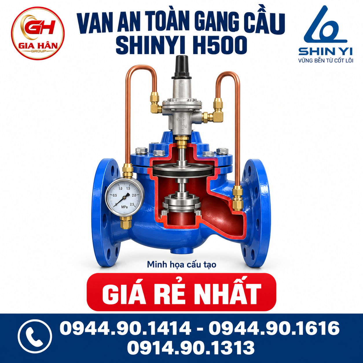 ản vẽ mặt cắt cấu tạo chi tiết van an toàn gang cầu ShinYi H500 và cụm ống dẫn pilot