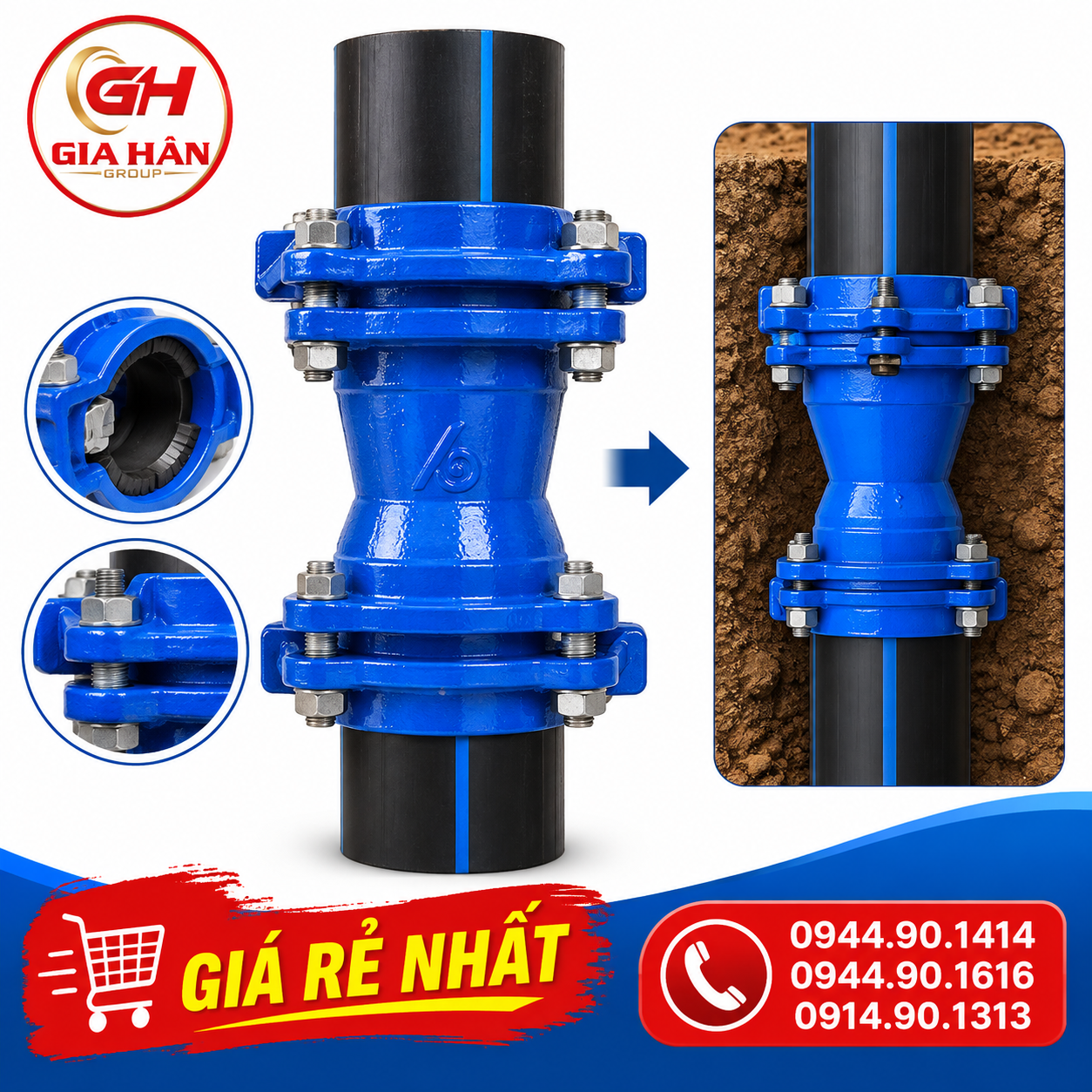 Cấu tạo khớp nối giảm gang FF có ngàm răng kim loại chống tuột chuyên dùng cho ống HDPE