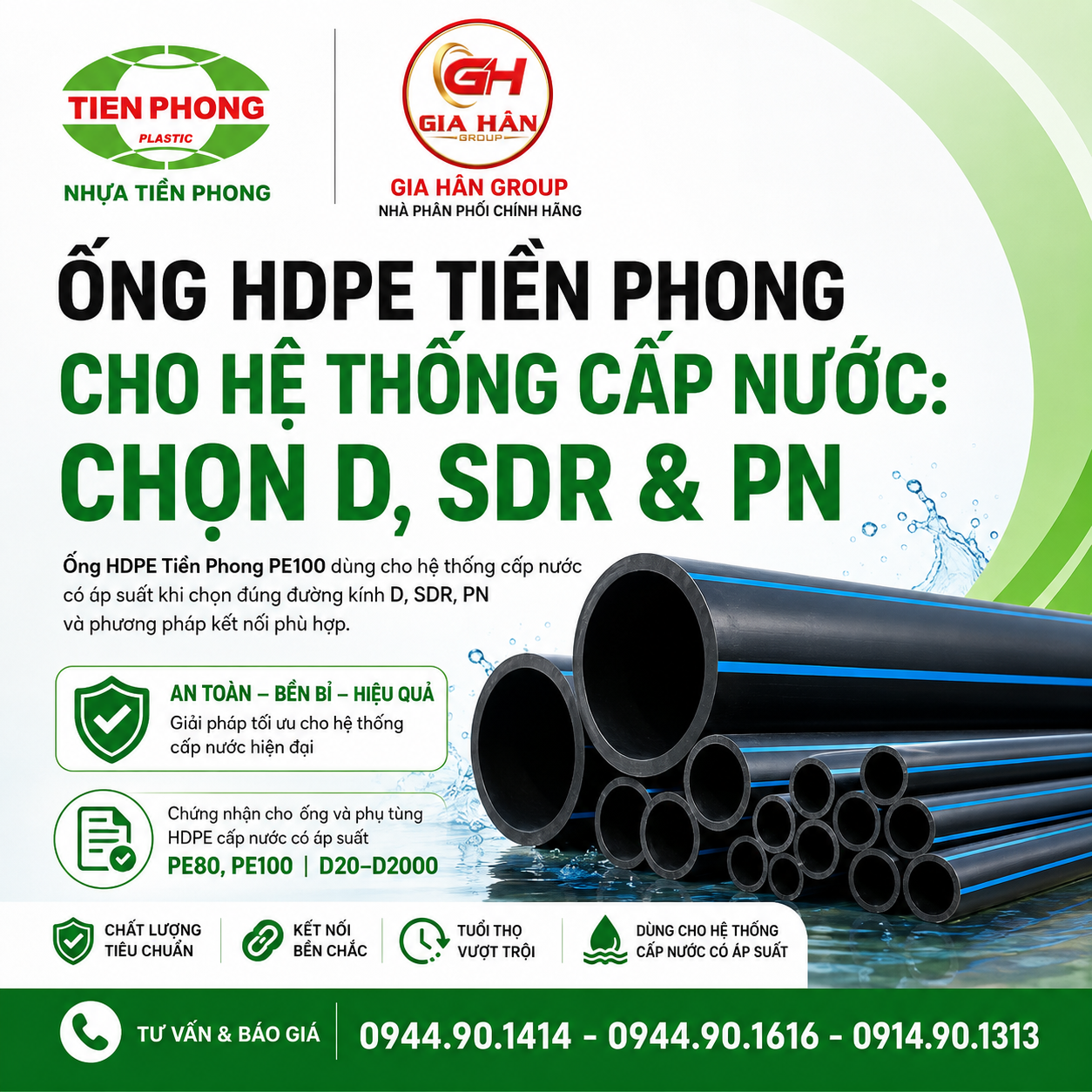 Ống HDPE Tiền Phong Cho Hệ Thống Cấp Nước Chọn D, SDR & PN
