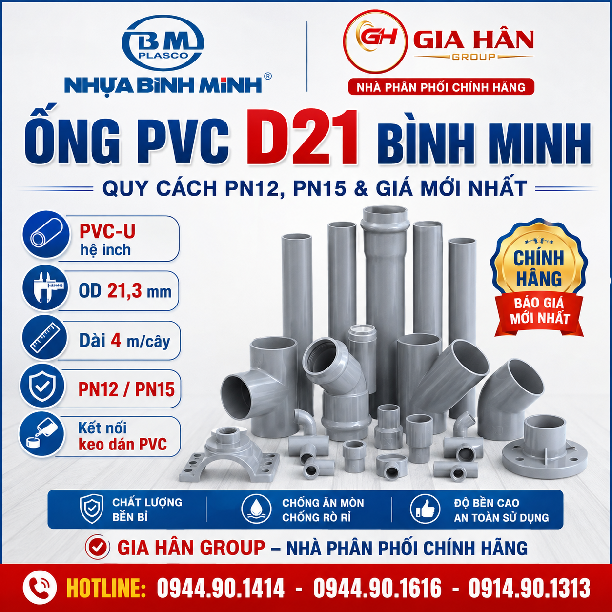 Ống PVC D21 Bình Minh Quy Cách PN12, PN15