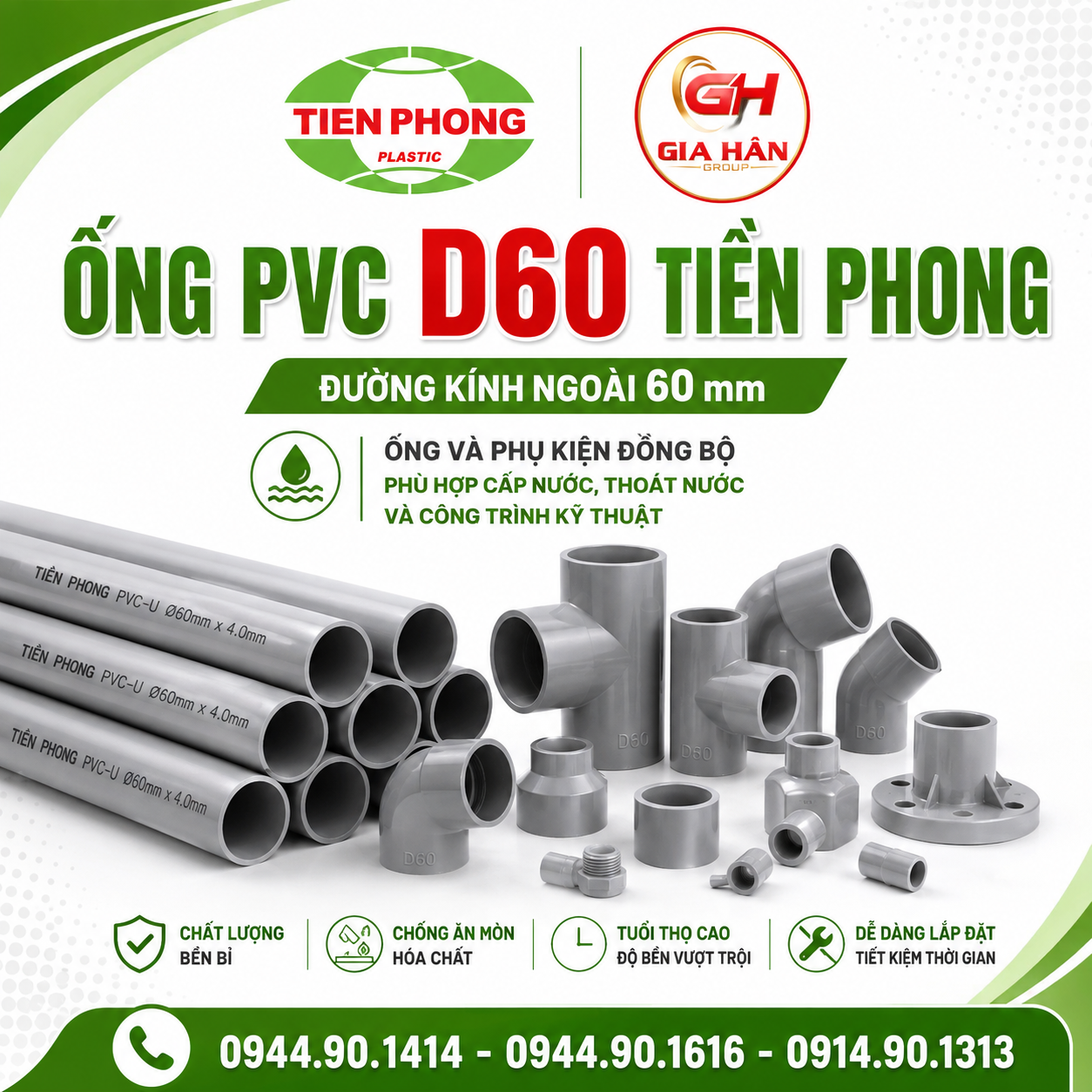 Ống PVC D60 Tiền Phong đường kính ngoài 60 mm