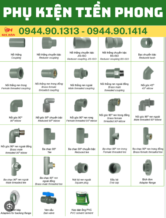 Phụ kiện PVC tiền phong bao gồm co, tê, lơi , nối bích