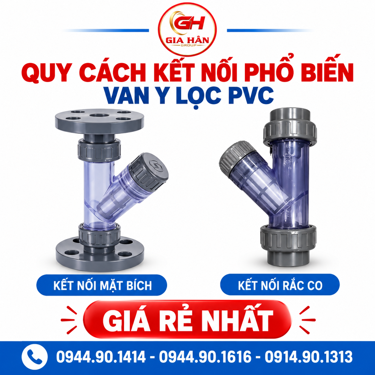 Quy cách kết nối phổ biến van Y lọc PVC gồm 2 đầu rắc co và 2 đầu bích