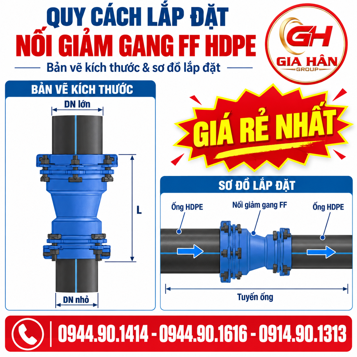 Bản vẽ kích thước và sơ đồ lắp đặt nối giảm gang FF kết nối tuyến ống HDPE