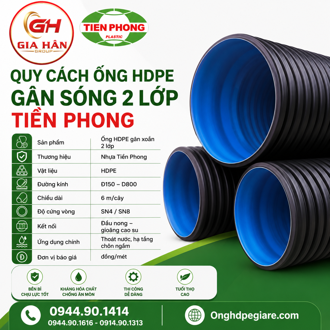 Quy Cách Ống HDPE Gân Sóng 2 Lớp Tiền Phong