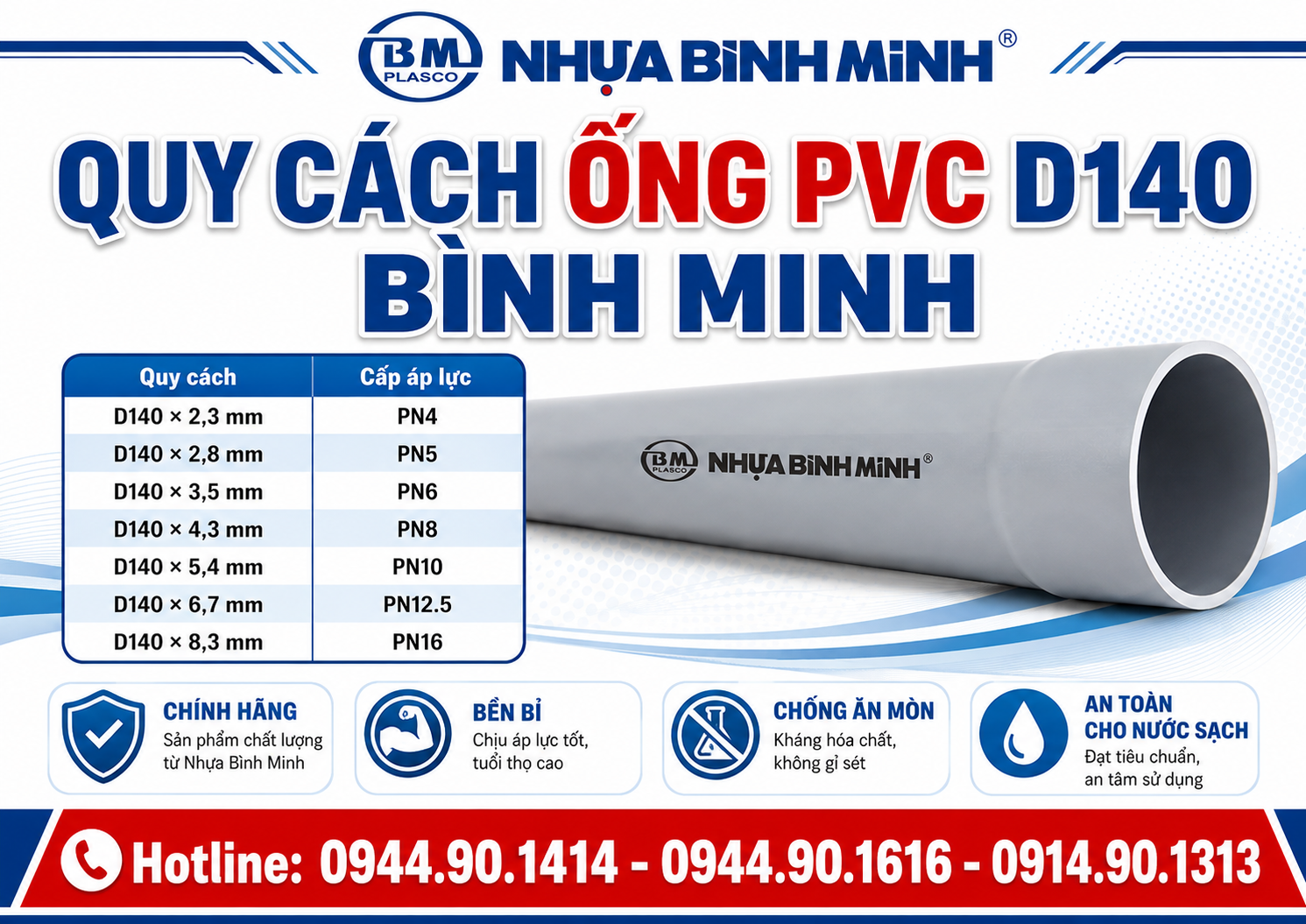 Quy Cách Ống PVC D140 Bình Minh