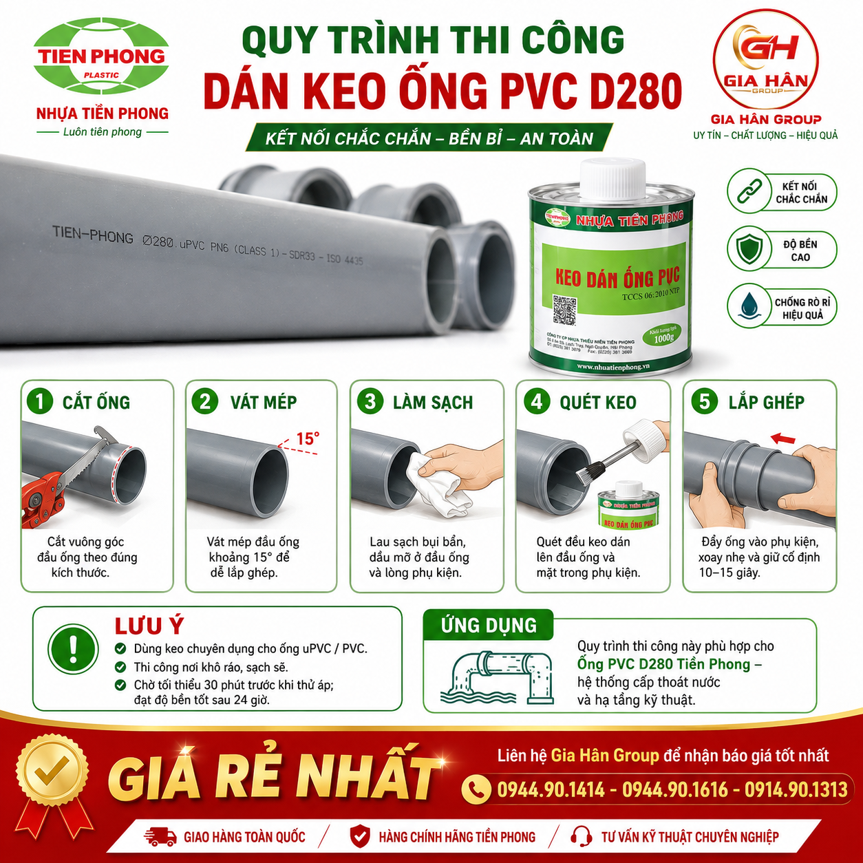 Quy trình thi công dán keo ống PVC D280 đúng kỹ thuật