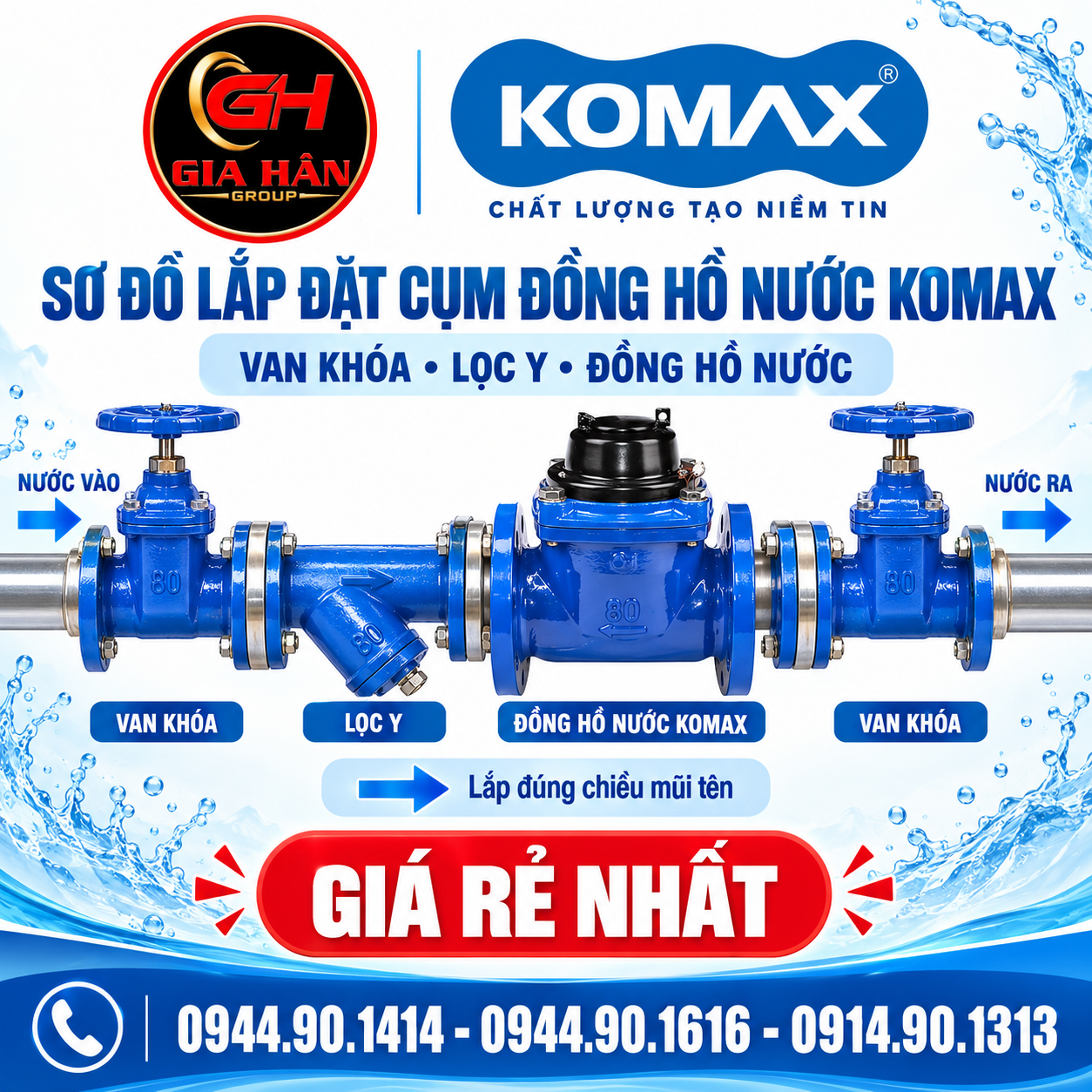Sơ đồ lắp đặt cụm đồng hồ nước Komax cùng van khóa và lọc y