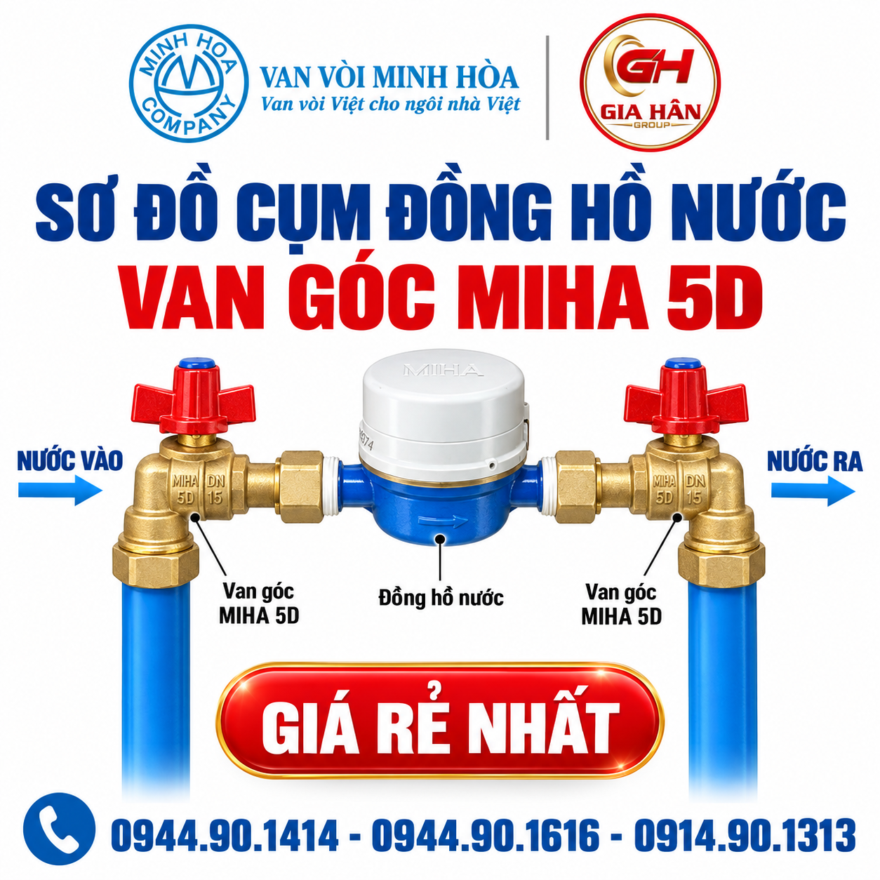 Sơ đồ phối ghép van góc đồng liên hợp MIHA 5D trong cụm đồng hồ nước sinh hoạt