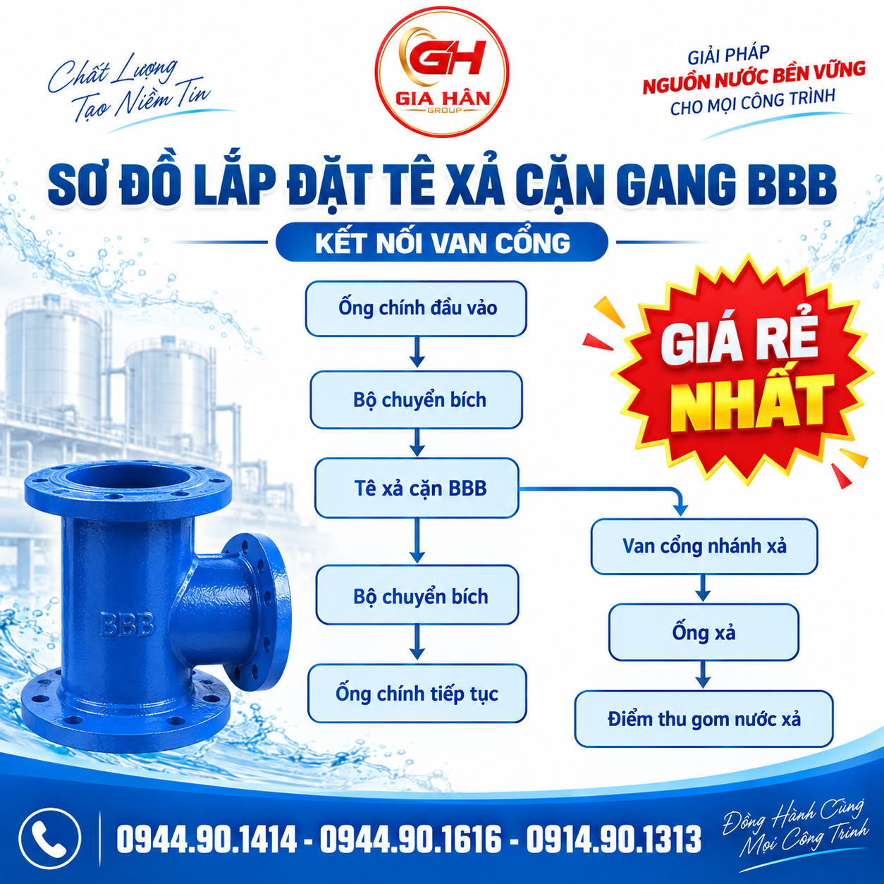 Sơ đồ lắp đặt tê xả cặn gang BBB kết nối van cổng xả đáy tại hố van