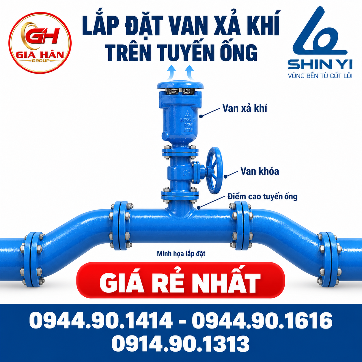 Sơ đồ vị trí lắp đặt van xả khí Shinyi tại các điểm gãy và đỉnh dốc tuyến ống