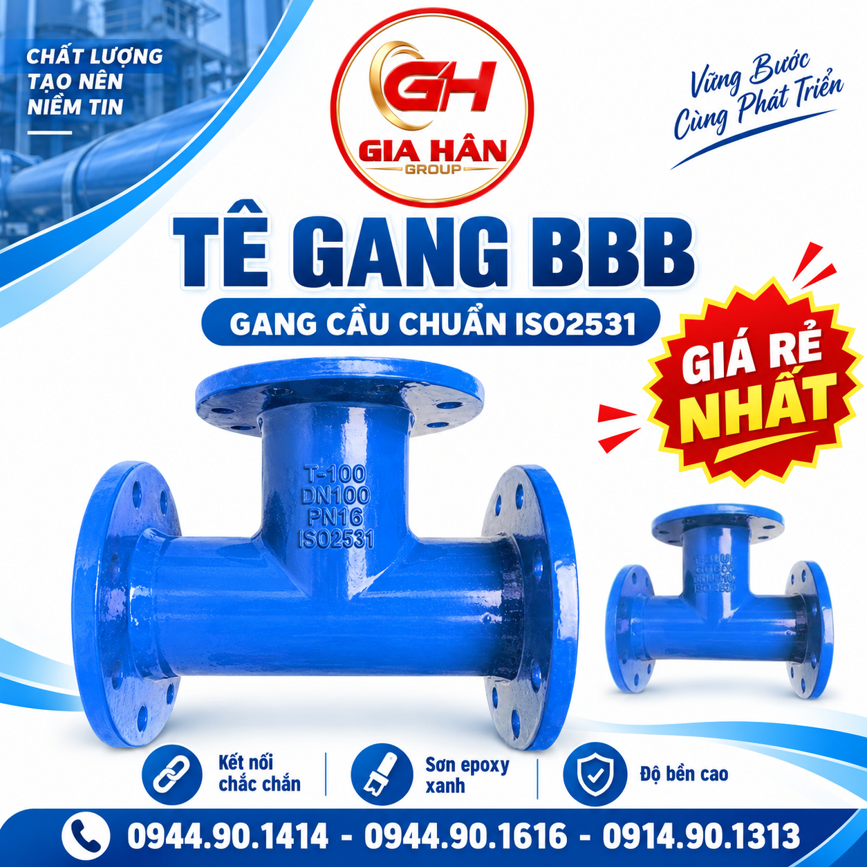 Tê gang BBB đúc từ gang cầu phủ sơn Epoxy xanh kết nối 3 đầu mặt bích tiêu chuẩn ISO 2531