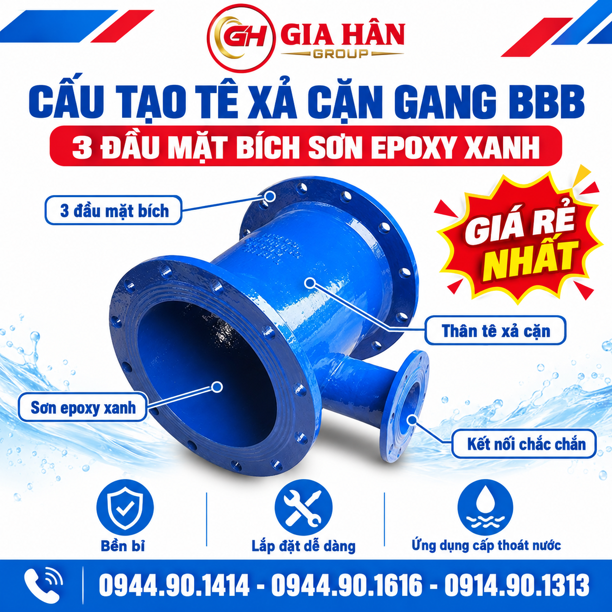 Cấu tạo tê xả cặn gang BBB 3 đầu mặt bích sơn epoxy xanh