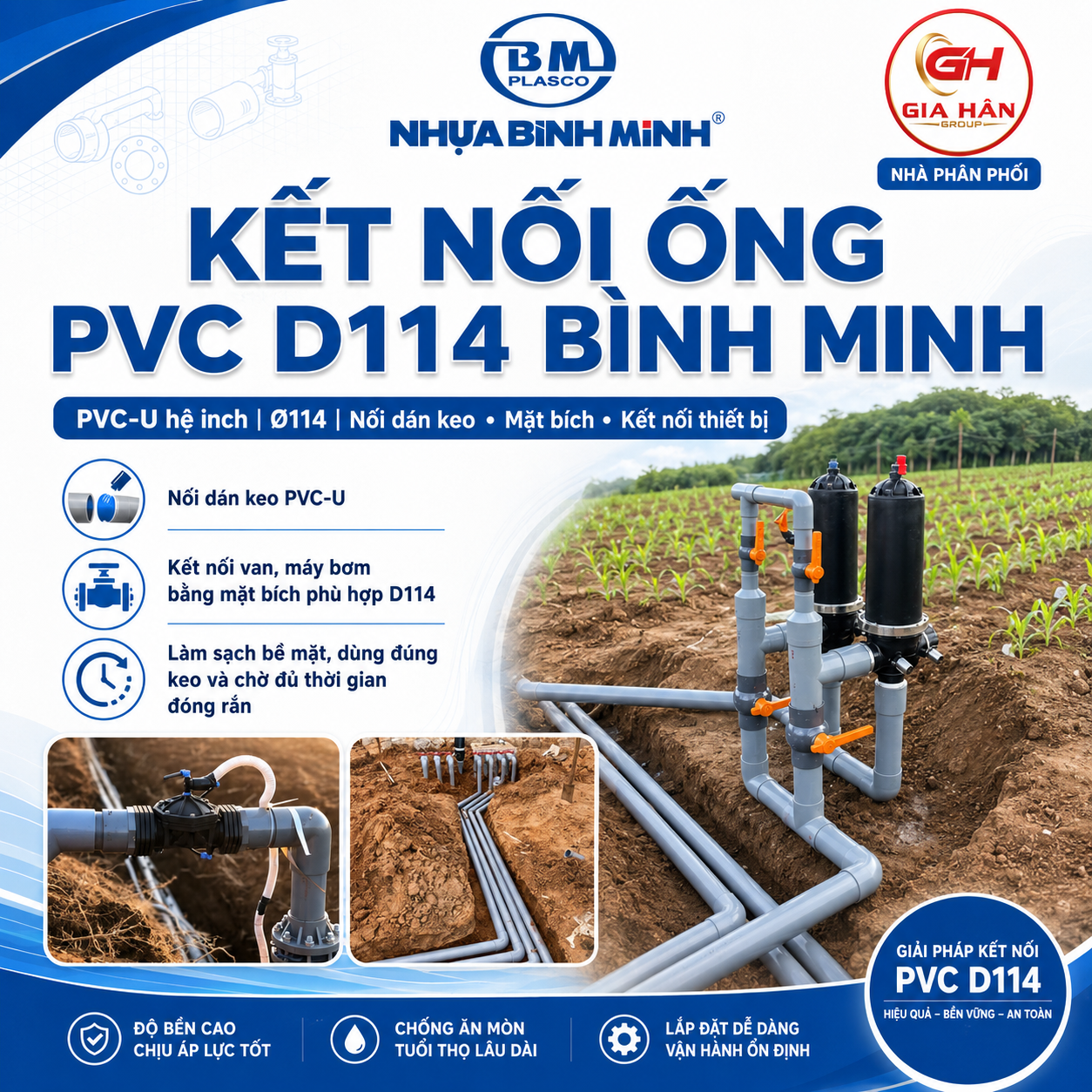 Thi công kết nối ống nhựa pvc d114 bình minh tại công trình