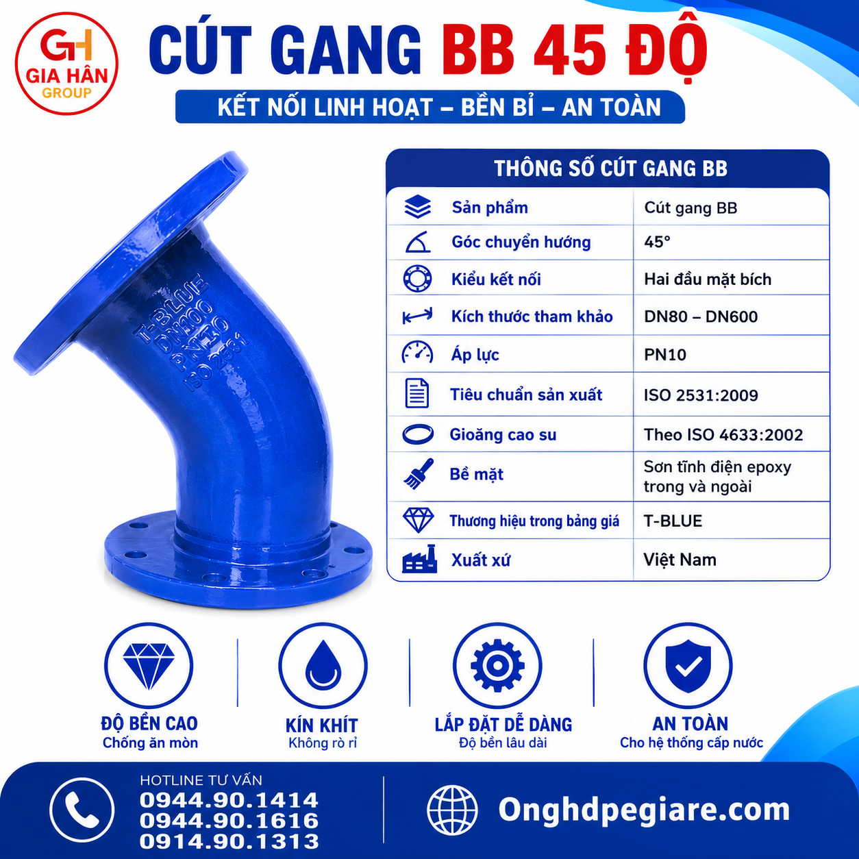 Thông Số Cút Gang BB 45 Độ