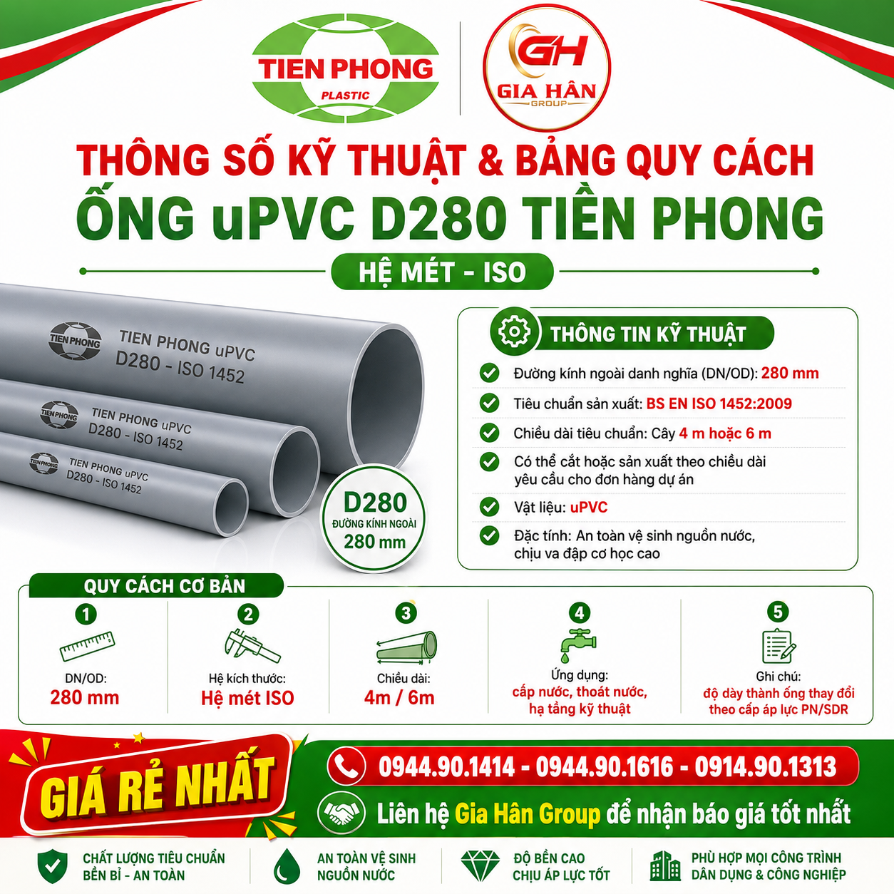 Thông số kỹ thuật & Bảng quy cách ống uPVC D280 Tiền Phong