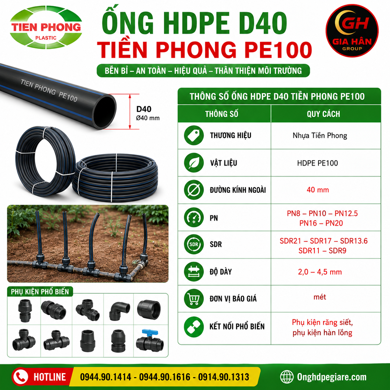Thông Số Ống HDPE D40 Tiền Phong PE100