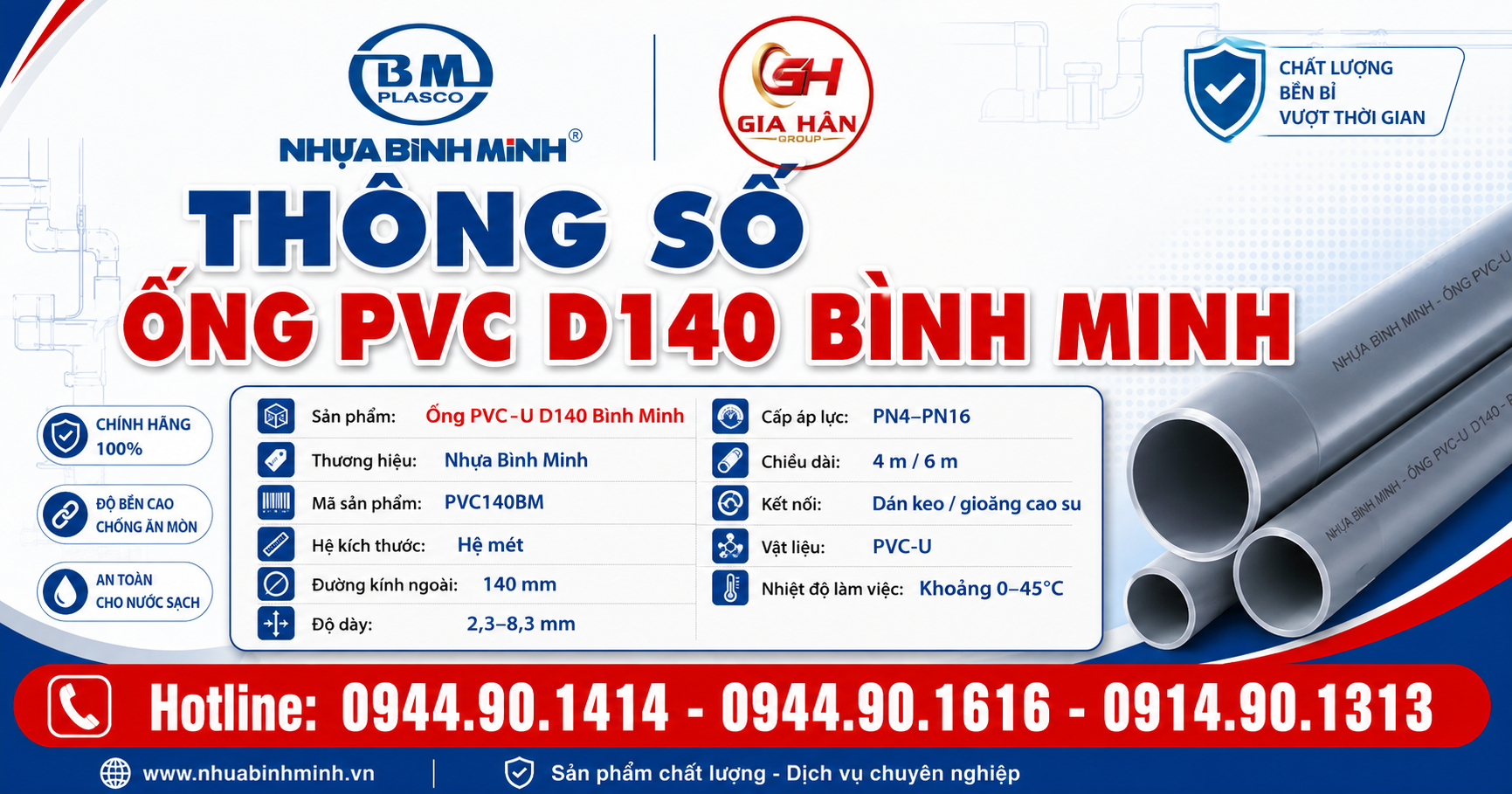 Thông Số Ống PVC D140 Bình Minh