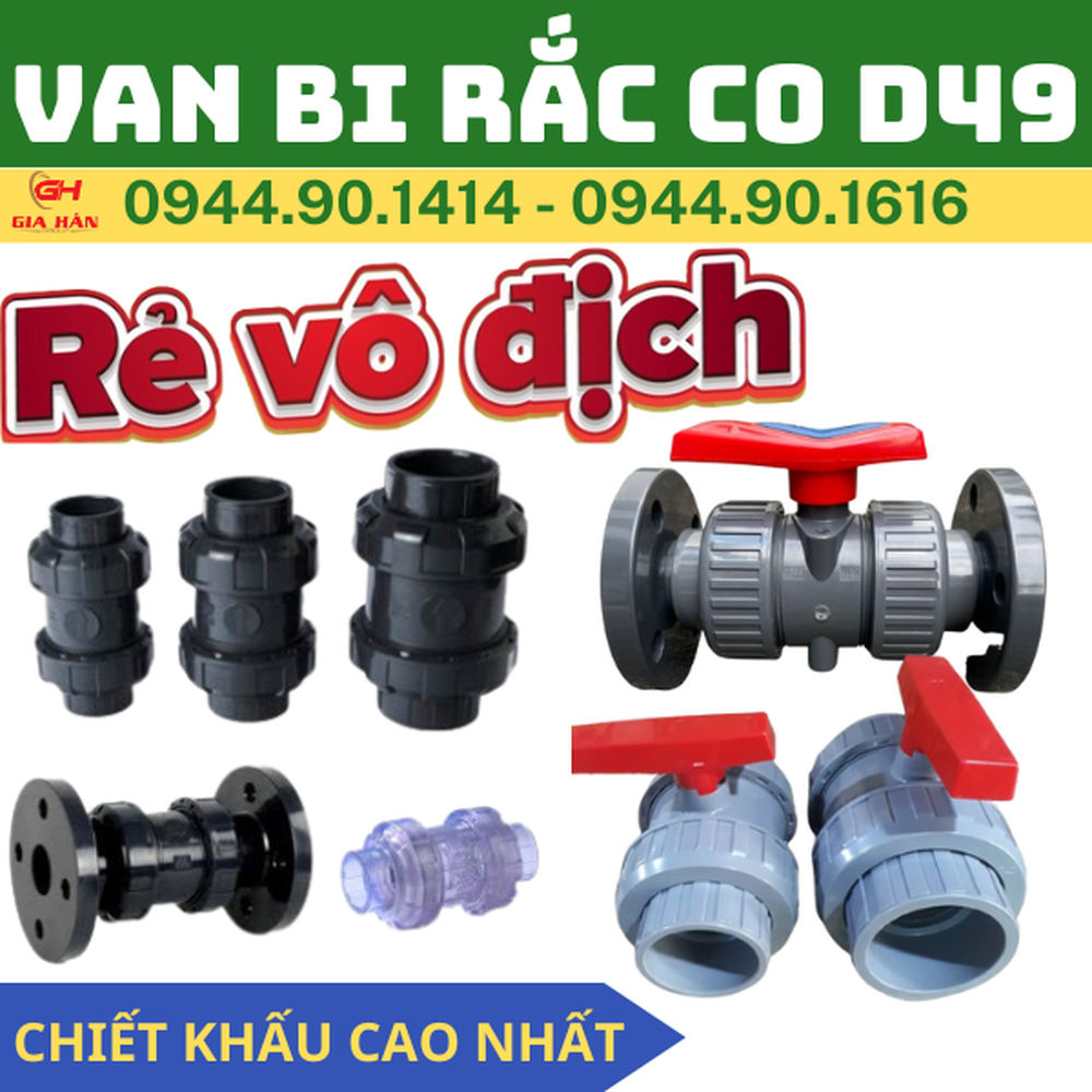 Van Bi Rắc Co PVC D49 l Van 2 Đầu Rắc Co PVC