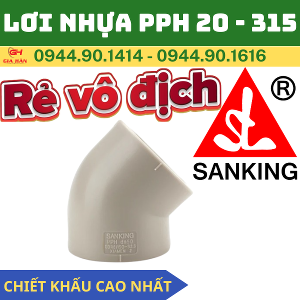 Lơi Nhựa PPH Sanking (Co 45°) l PPH 45 Degree Elbow